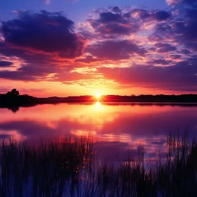 Sunset Reflection on Calm Lake Waters
