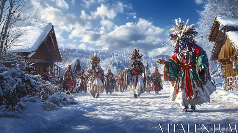 Masked Figures in Winter Procession AI Image