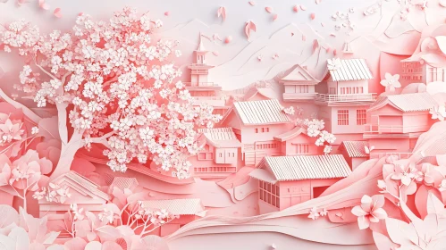 Delicate Pink Paper Landscape with Blossoms