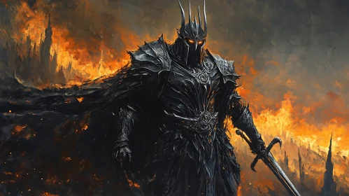 Armored Warrior with Sword in Blazing Scene