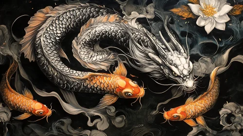 Serene Dragon and Koi Fish Artwork