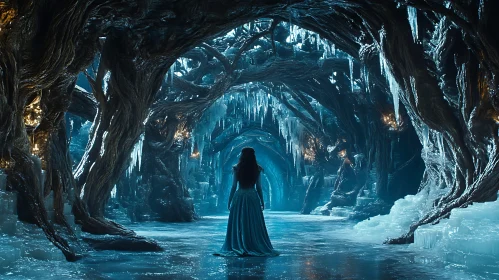 Frozen Cave with Woman in Dress