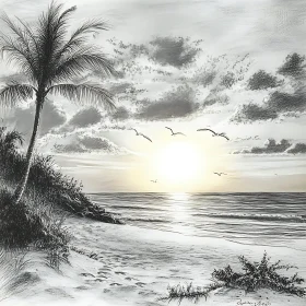 Monochrome Seascape with Palm and Birds