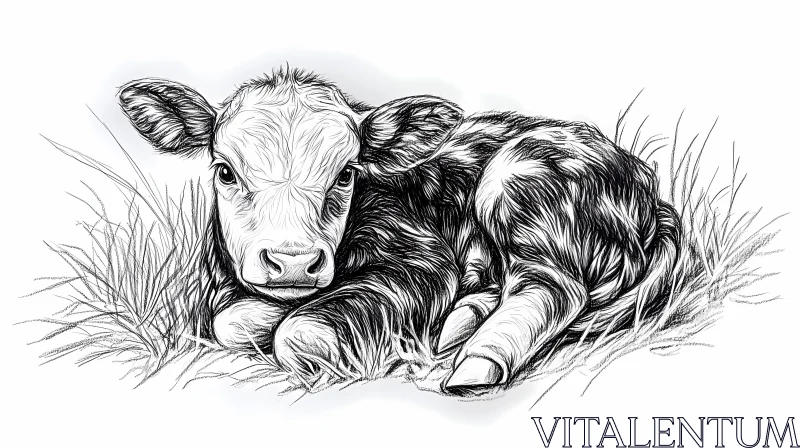 Calf Sketch Resting in Grass AI Image