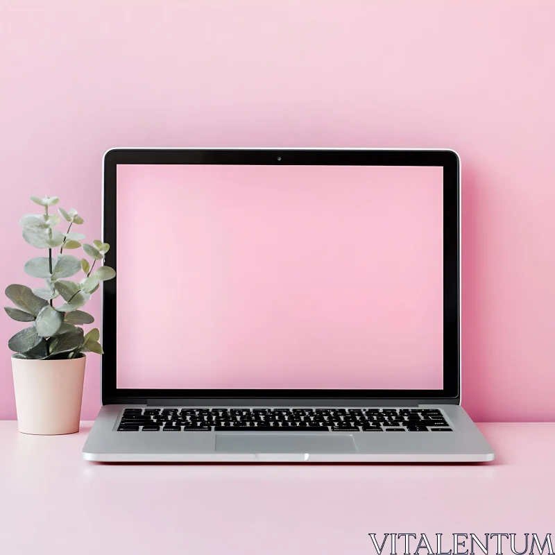 Modern Laptop and Potted Plant on Pink Desk AI Image