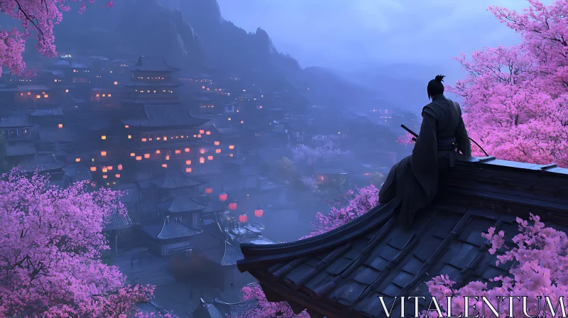 Nighttime contemplation over Asian Village AI Image