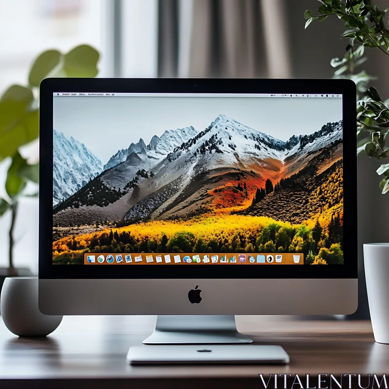 Apple iMac on Desk with Scenic Mountain Display AI Image