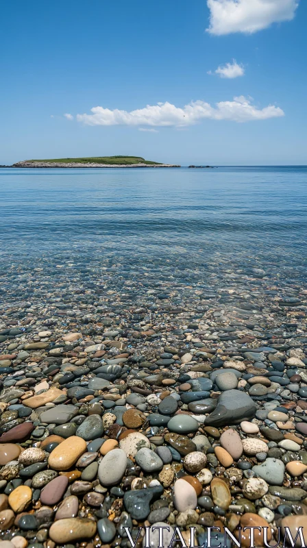 AI ART Serene Seascape with Pebbles and Distant Island