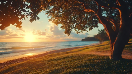 Seaside Sunset with Tree Silhouette