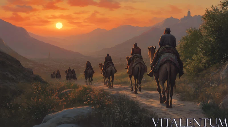 Sunset Caravan Camel Journey AI Image