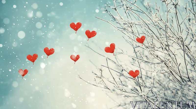 Floating Hearts in Winter Landscape AI Image