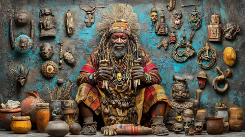 Tribal Man with Cultural Objects