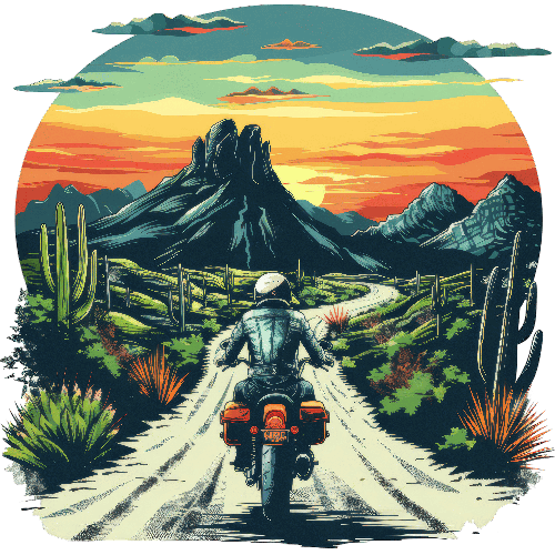 Desert Motorcycle Ride at Sunset - Journey through Cacti Landscape