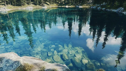 Tranquil Clear Lake Reflecting Forest and Sky