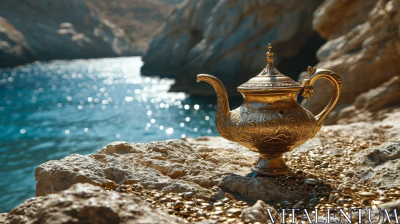 Golden Magic Lamp on Rocky Surface with Seascape Background AI Image