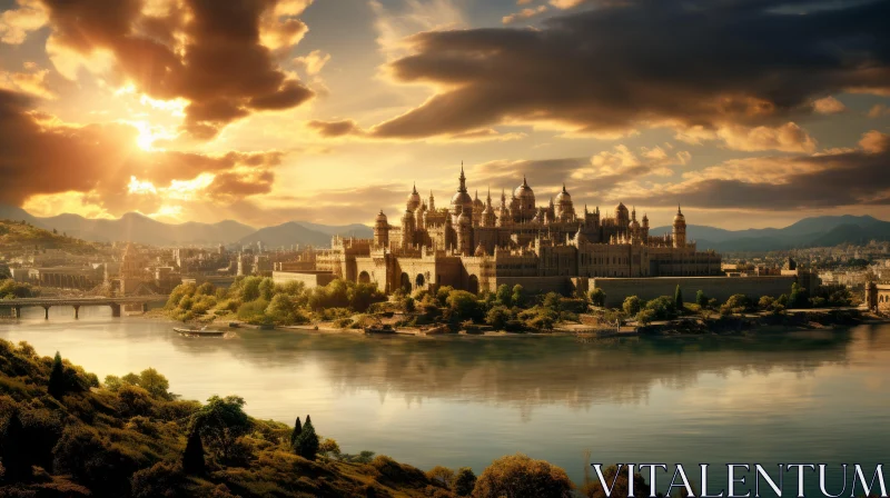 Majestic Spanish Castle by River and Mountains - Matte Painting AI Image