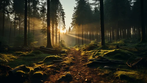 Sunlit Forest Path at Dawn - British Topographical Landscape