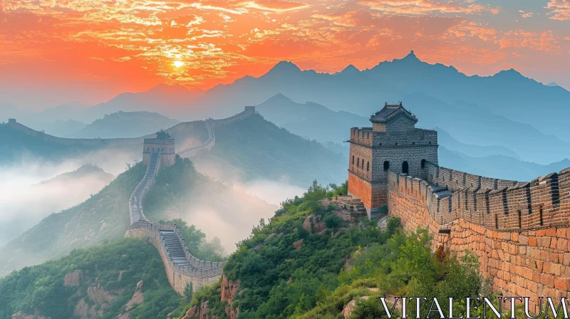 Sunset over the Majestic Mountains of the Great Wall of China AI Image
