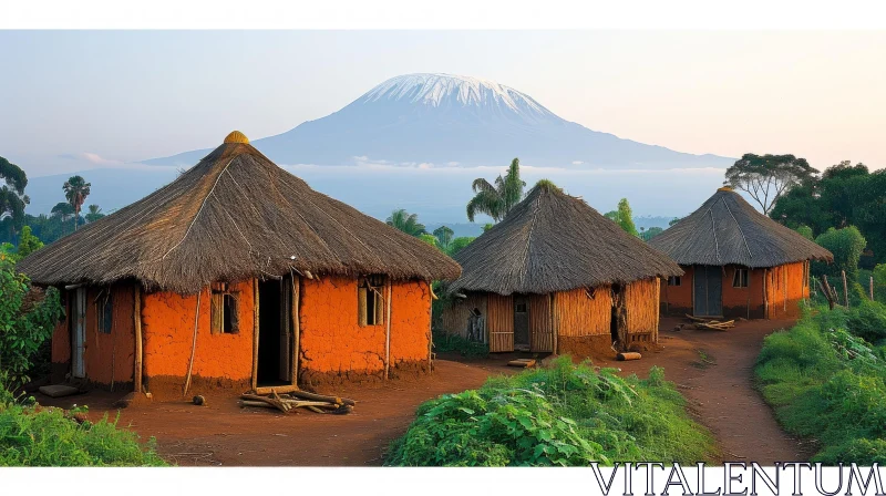 Thatched Huts with Majestic Mountain in the Background AI Image