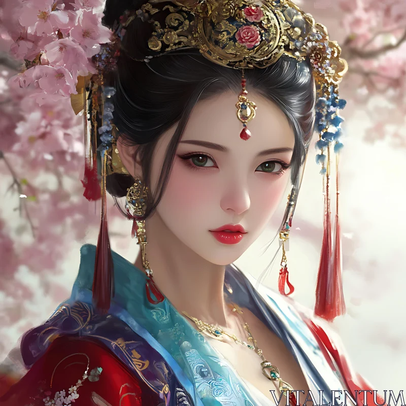 Portrait of Woman with Cherry Blossoms AI Image