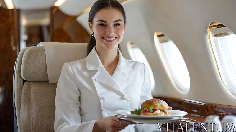 Smiling Woman Enjoying Gourmet Meal in Opulent Airplane AI Image