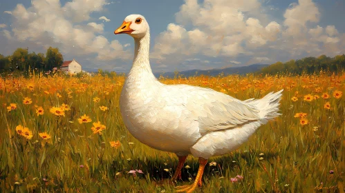 Goose Amidst Yellow Flowers