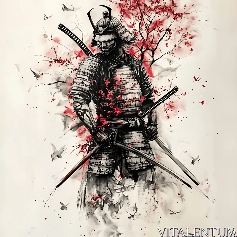 Monochrome Samurai with Red Floral Details AI Image