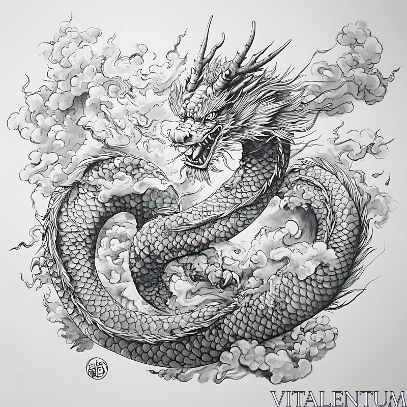 AI ART Coiled Dragon Among Clouds Artwork