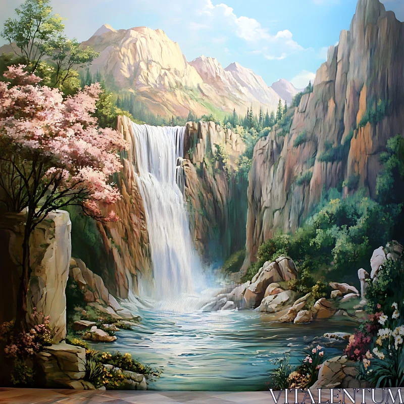 Peaceful Scene of a Waterfall in a Mountainous Forest AI Image