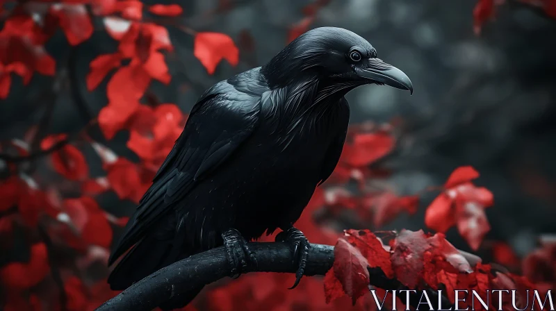 Black Raven on Branch with Red Leaves AI Image