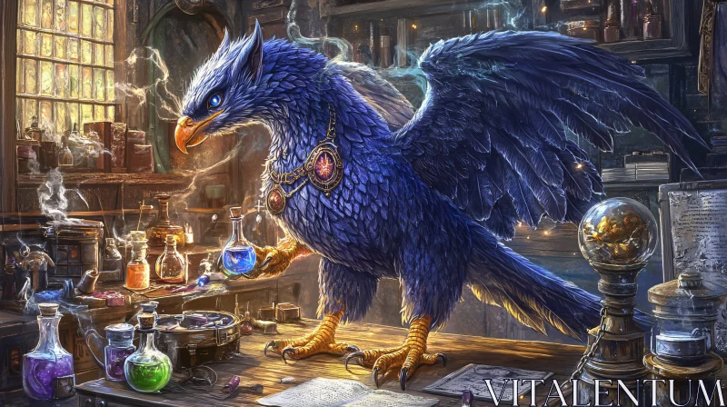 Blue Gryphon in Alchemist's Workshop AI Image