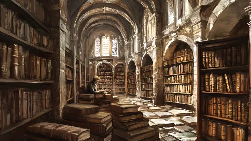 Old Library Interior with Book Stacks