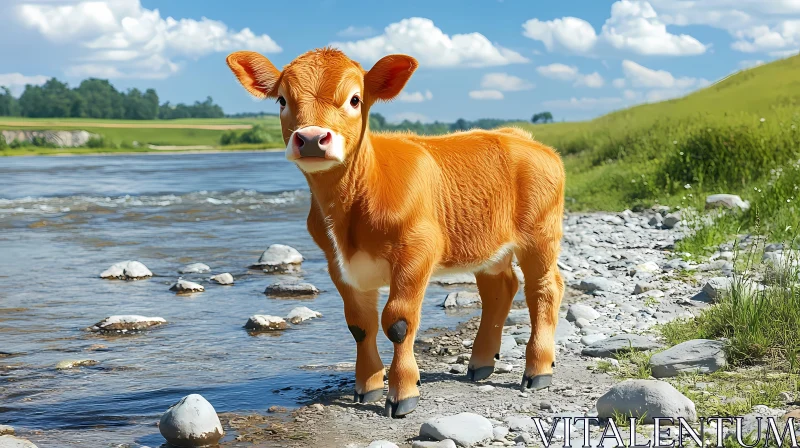 Young Calf in Nature AI Image