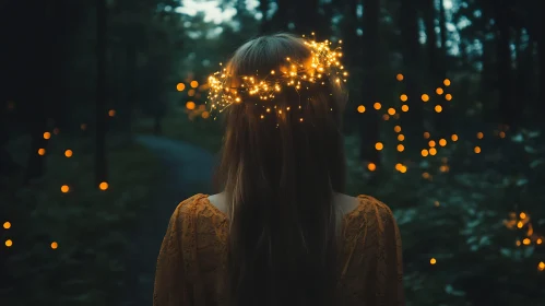 Woman in Forest with Glowing Crown