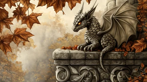 Dragon on Ledge with Autumn Leaves