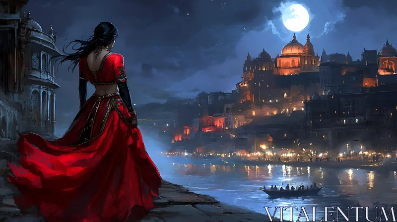 Night View: Lady in Red Gown AI Image