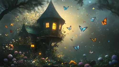 Whimsical Butterfly Garden Treehouse Scene