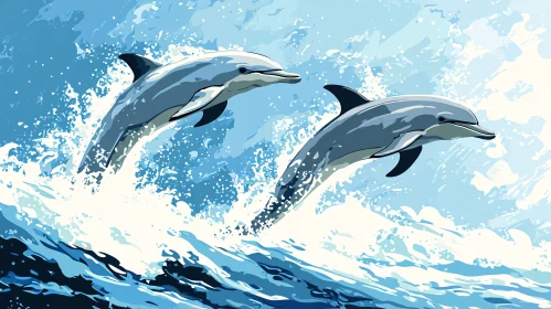 Leap of Dolphins Through Ocean Surf