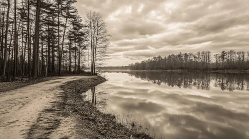 Serene River with Tree Reflections and Cloudy Atmosphere