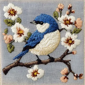 Blue Bird on Blossoms Embroidery Art