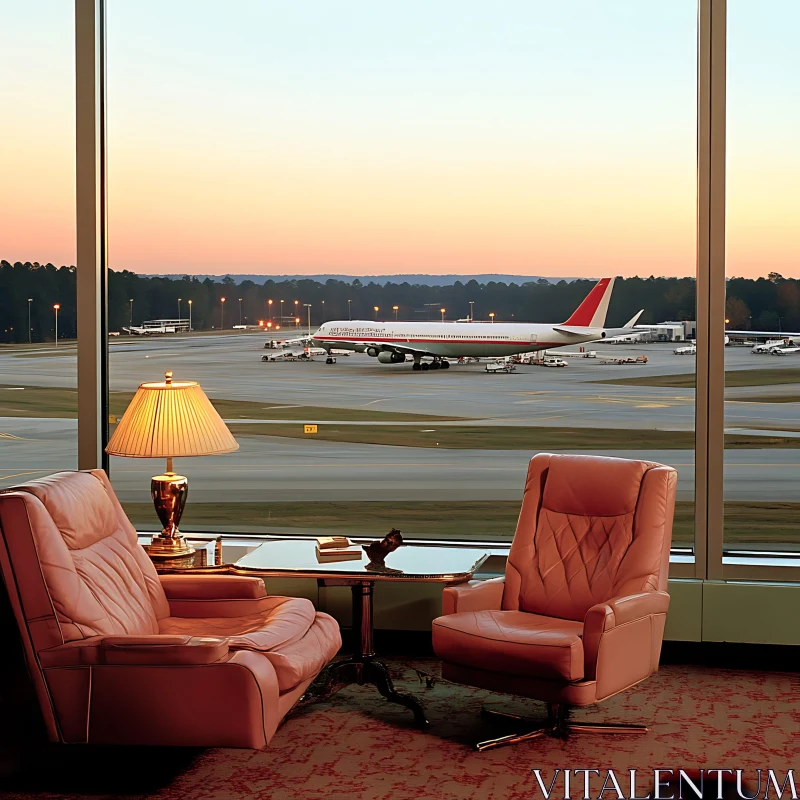 Relaxing Airport Lounge Overlooking Airplane at Sunset AI Image