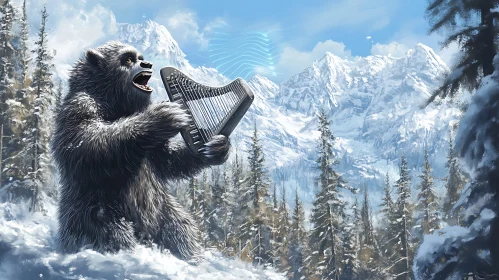 Snowy Bear with Harp in Forest