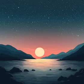 Lake Sunset with Mountains and Stars