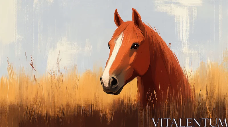 Horse in Golden Grasses Painting AI Image