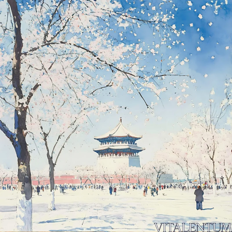 Winter Pagoda Scene with Cherry Blossoms AI Image