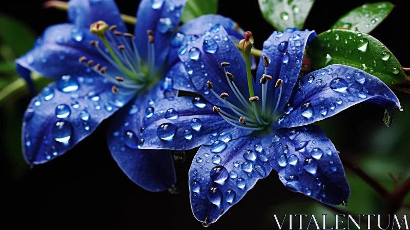 Blue Lilies in Rain: A Study in Photorealism and Botanical Abundance AI Image