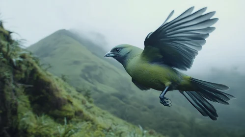 Green Bird Flying in Mountain Landscape