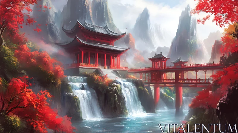 AI ART Autumnal Temple by the Waterfall