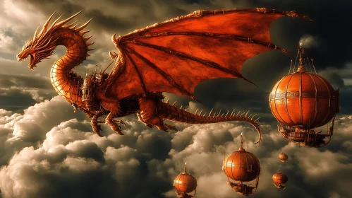 Mechanical Dragon and Airships in the Sky