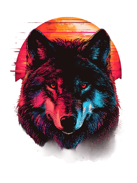 Vivid Neon Wolf and Moon Art